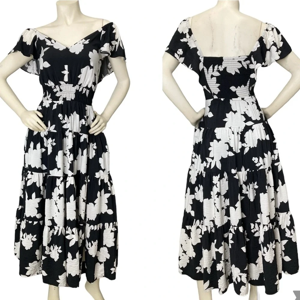 Rachel Zoe Dresses | Rachel Zoe Black & White Floral Flutter Sleeve Tiered Ruffle Maxi Dress, Xs | Color: Black/White | Size: Xs | Brokekaren's Closet